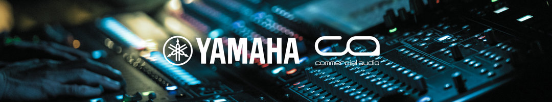 Banner mit Yamaha Logo, Professional Audio Mixer im Hintergrund